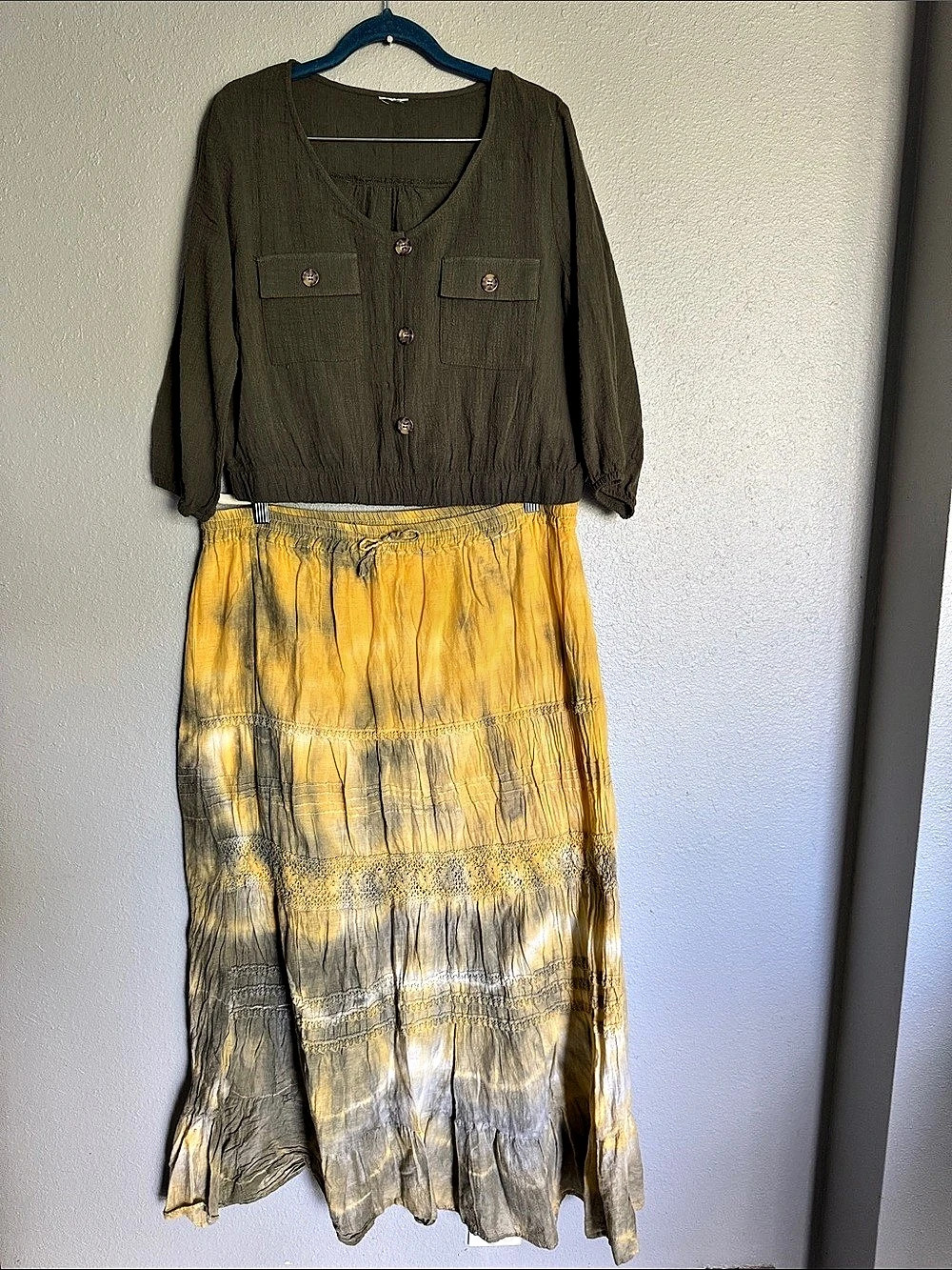 Costa Rican Tie-Dye Maxi skirt and olive crop to match